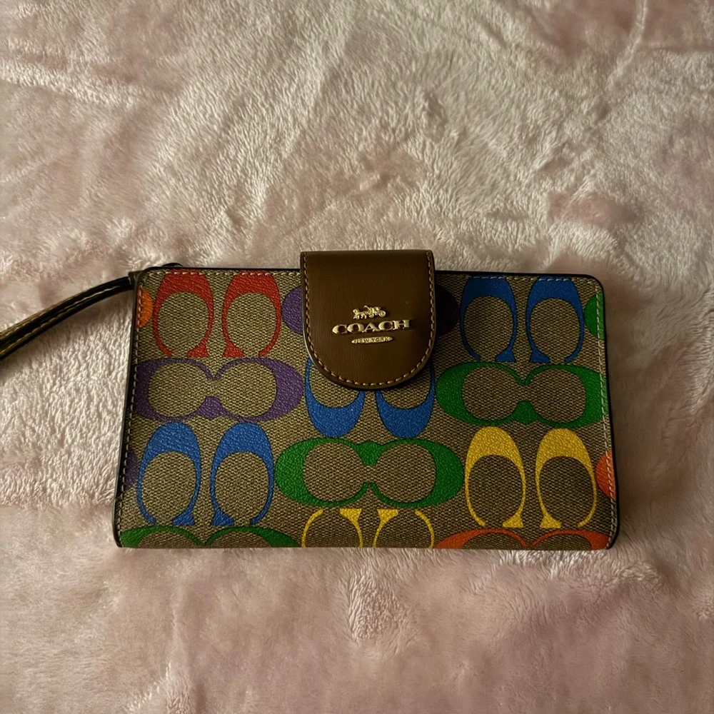Coach Brown Leather Trim Multicolor Signature Wristlet - Picture 2 of 5